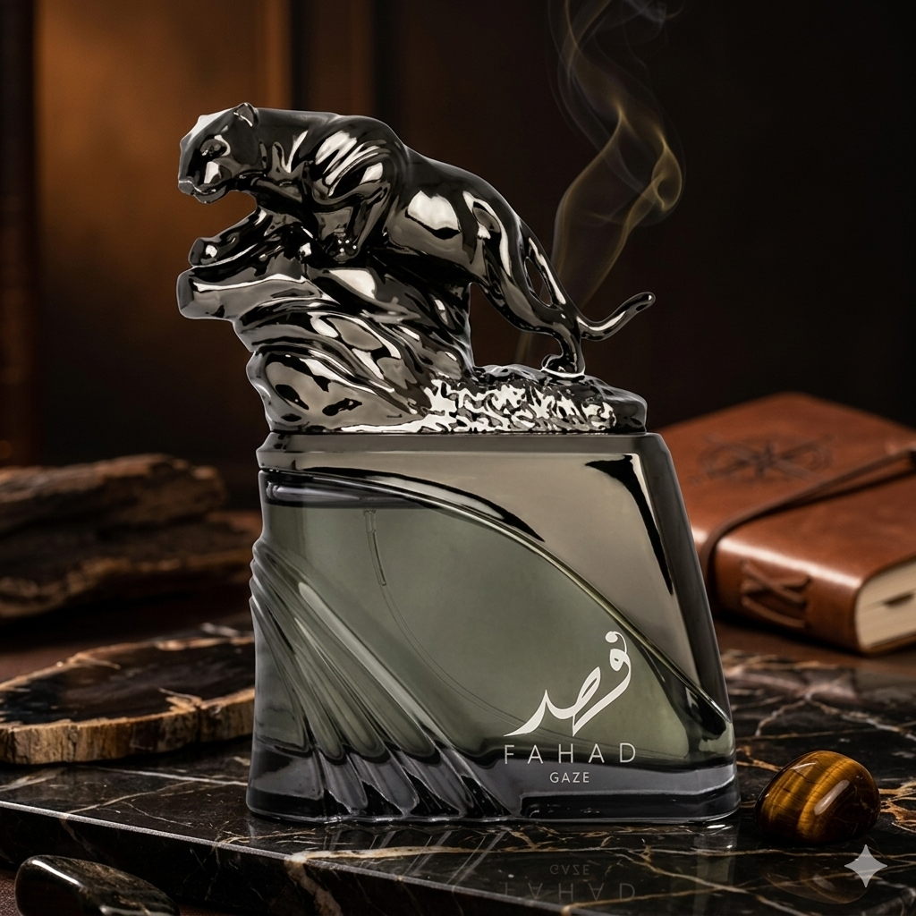 Frasco de Eau de Parfum Fahad Gaze Arabiyat Prestige Original da Luxos do Oriente, com design elegante e detalhes dourados.
