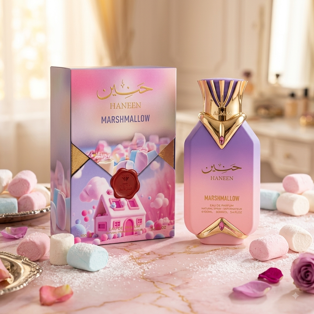 Frasco de perfume Haneen Marshmallow da Alma Perfumes, Eau de Parfum Luxos do Oriente, com embalagem elegante e detalhes dourados