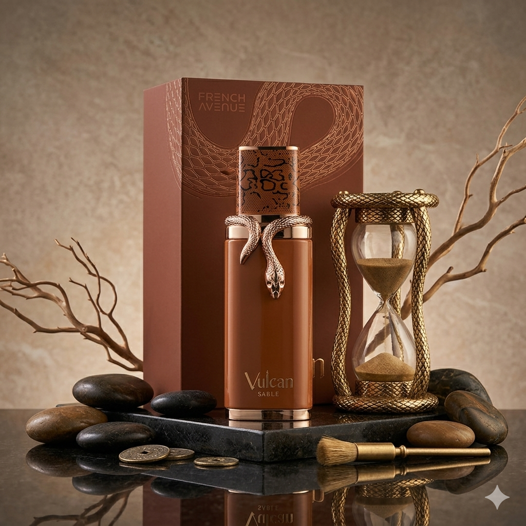 Vulcan Sable Eau de Parfum de Luxos do Oriente, frasco com aroma sofisticado e design elegante, refletindo a essência francesa.