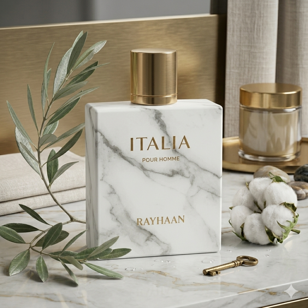 Frasco de perfume Rayhaan Italia - Rayhaan Original, Eau de Parfum, com design elegante e rótulo visível.
