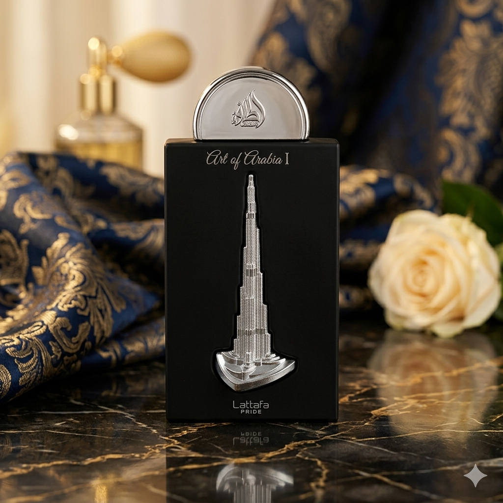 Frasco de Eau de Parfum Art of Arabia I da Lattafa Pride Original, com design elegante e detalhes dourados.
