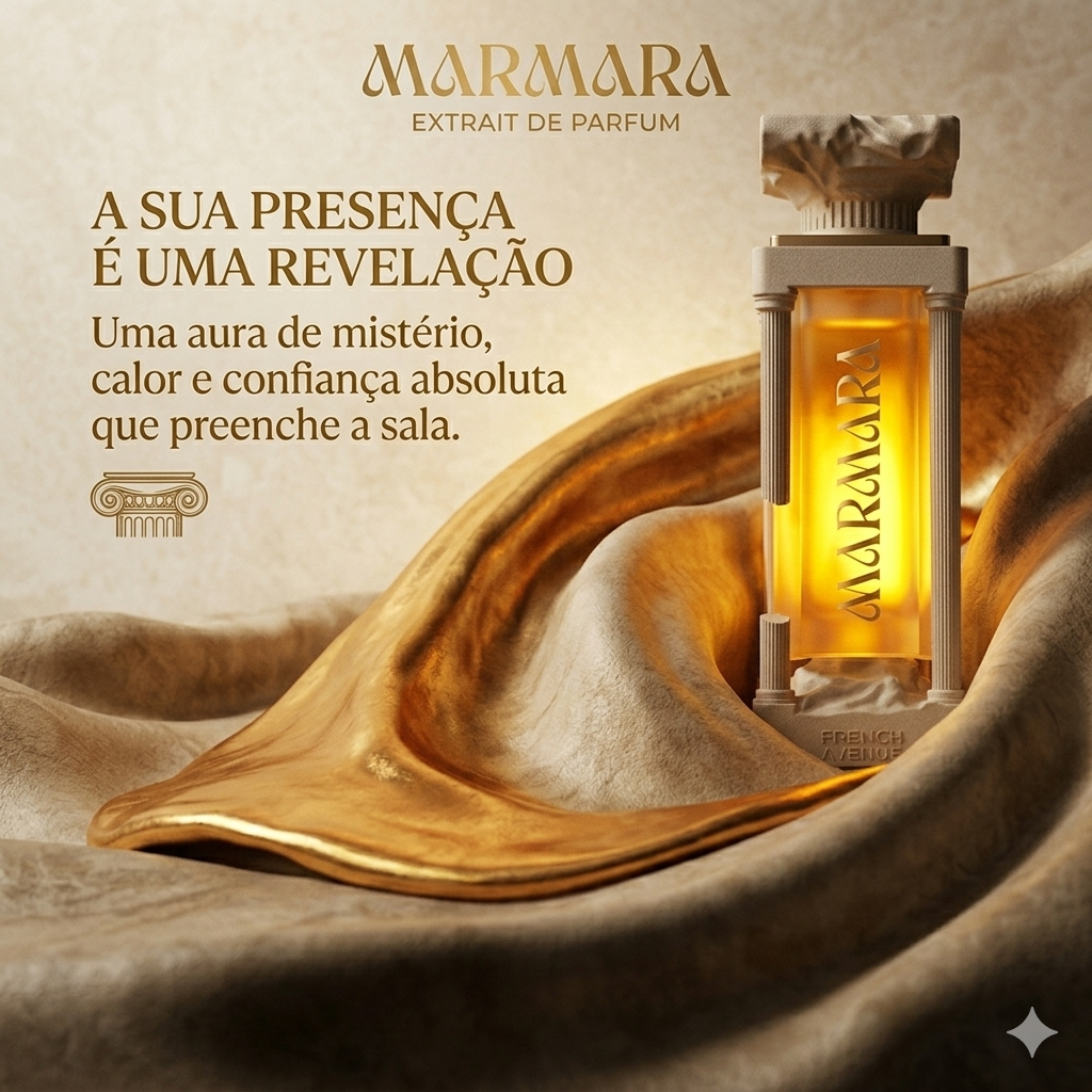 Frasco de perfume Marmara Extrait de Parfum French Avenue da Luxos do Oriente, com design elegante e rótulo distintivo.