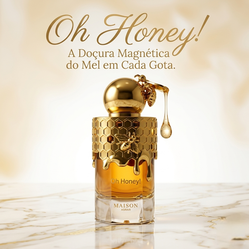 Frasco de perfume Oh Honey! Eau de Parfum da Maison Asrar, embalagem elegante com rótulo dourado e detalhes dourados.