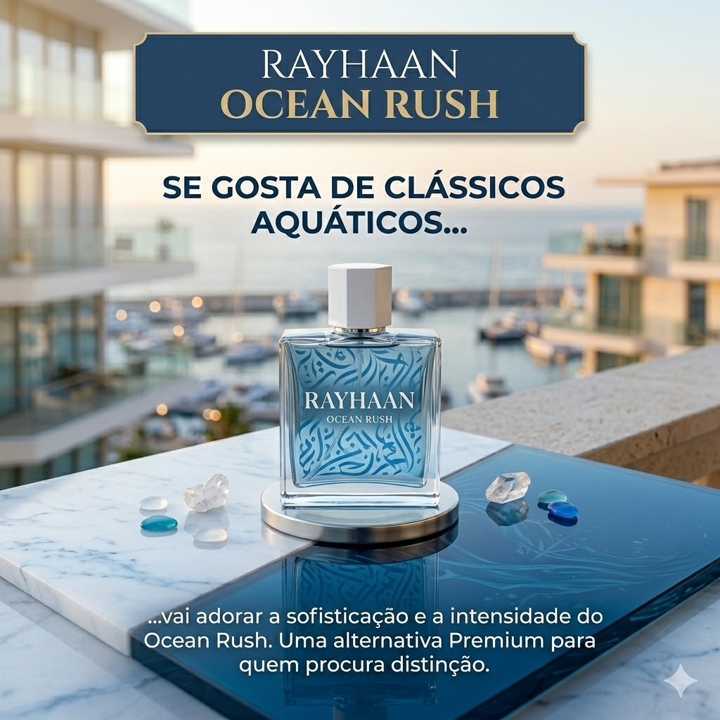 Rayhaan Ocean Rush Eau de Parfum by Luxos do Oriente in an elegant bottle with ocean-themed design.