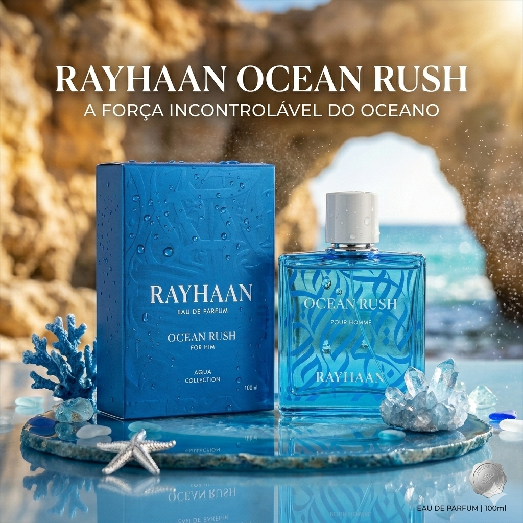 Rayhaan Ocean Rush Eau de Parfum by Luxos do Oriente in a sleek bottle with ocean-themed design and vibrant colors.