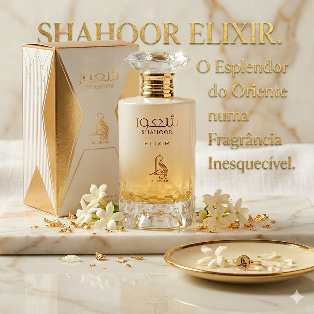 Frasco de Eau de Parfum Shahoor Elixir da Fragrance World Original, com design elegante e detalhes dourados.