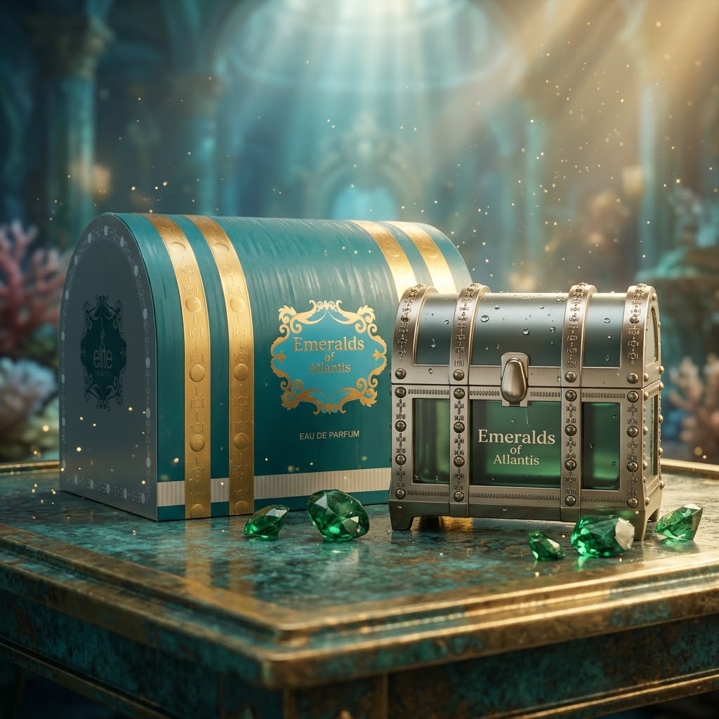 Frasco de perfume Risala Emeralds of Atlantis da Luxos do Oriente, com design elegante e detalhes em verde e dourado.