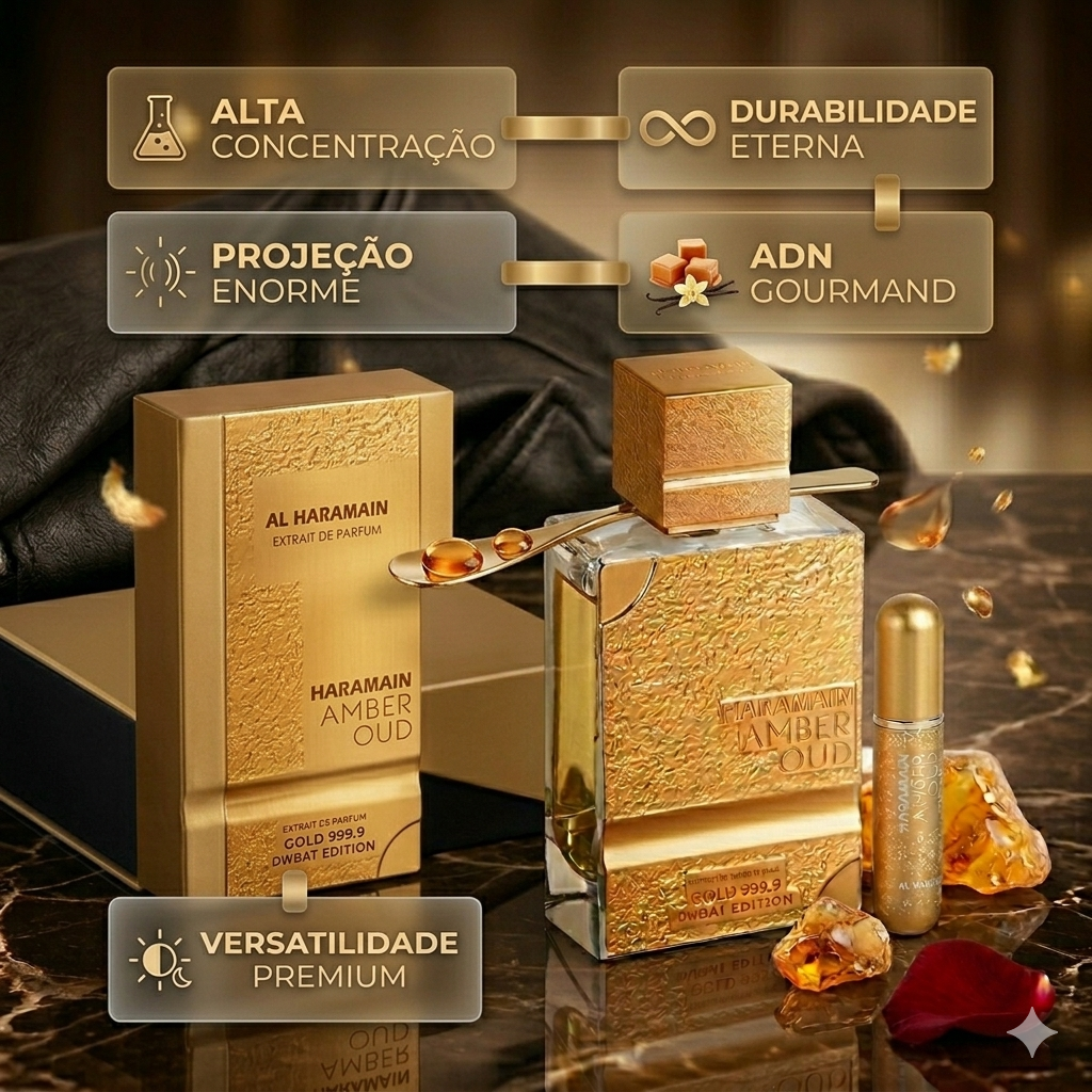 Frasco de perfume Al Haramain Amber Oud Gold Dubai Edition, extrait de parfum, com frasco dourado e rótulo detalhado.