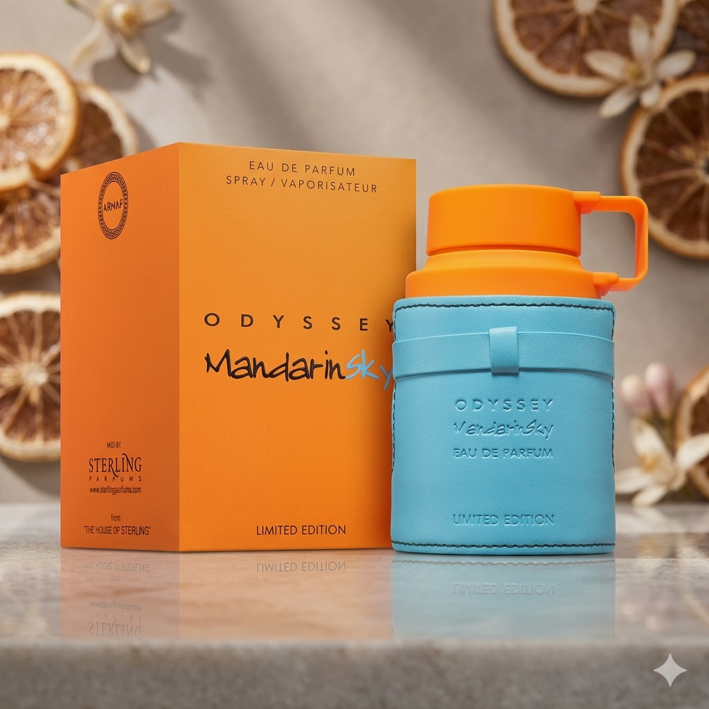 Perfume Odyssey Mandarin Sky de Armaf, Eau de Parfum, com frasco elegante e notas cítricas vibrantes.