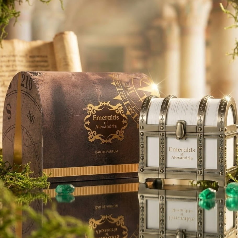 Perfume Eau de Parfum Emeralds of Alexandria Risala, embalagem com frasco elegante e detalhes dourados, perfume luxuoso e sofisticado.