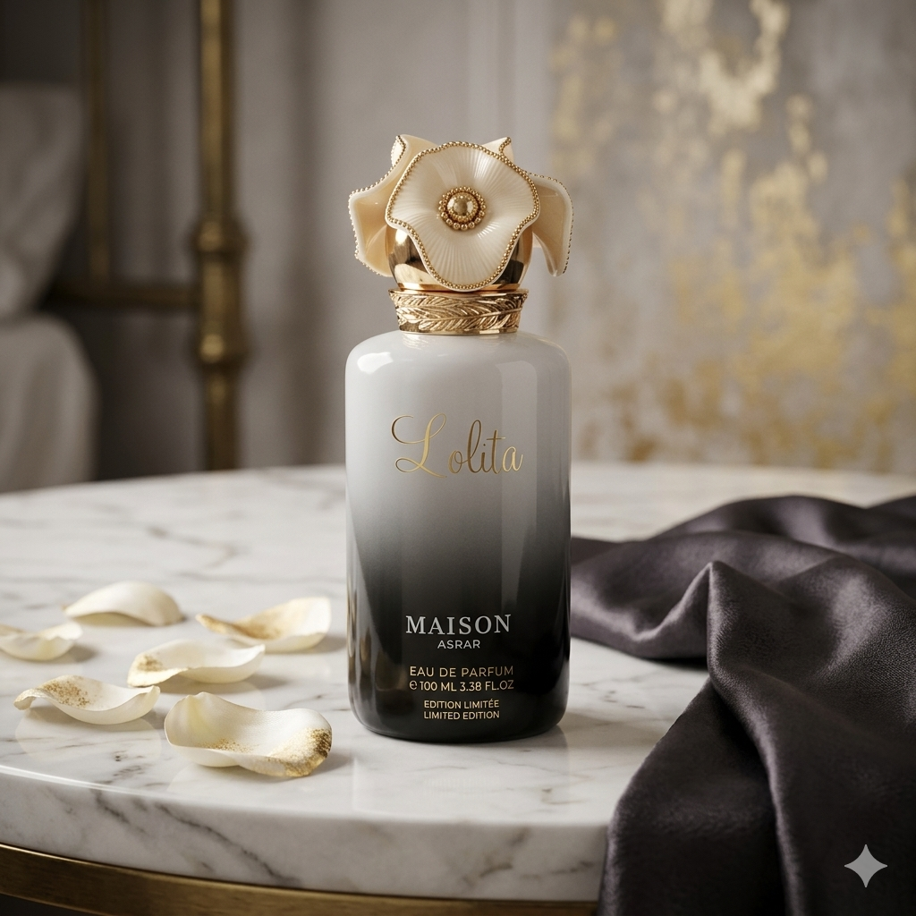 Perfume Lolita Eau de Parfum da Maison Asrar, frasco elegante de Luxos do Oriente com fragrância floral e oriental.