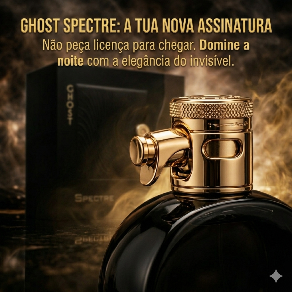 Frasco de perfume Oud de Ouro Spectre Ghost – French Avenue, embalagem elegante, detalhes do rótulo visíveis, perfume de luxo.