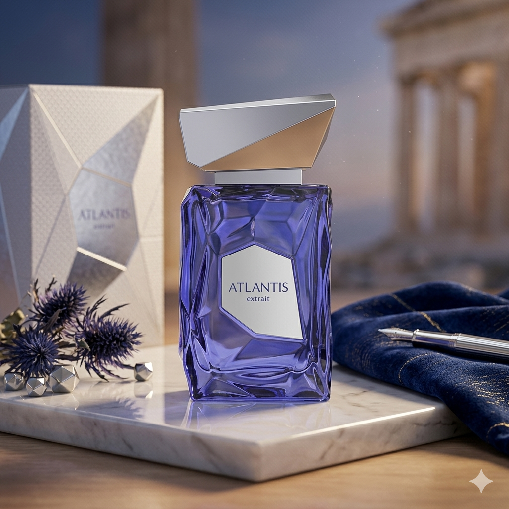 Frasco de perfume Atlantis - Extrait de Parfum da Luxos do Oriente, com design elegante e detalhes dourados.