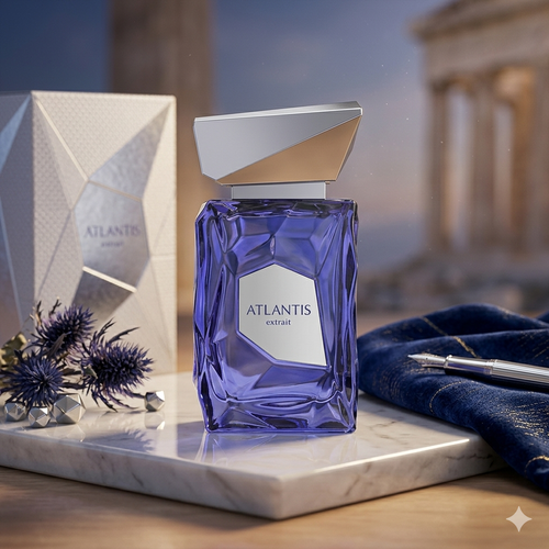 Frasco de perfume Atlantis - Extrait de Parfum da Luxos do Oriente, com design elegante e detalhes dourados.
