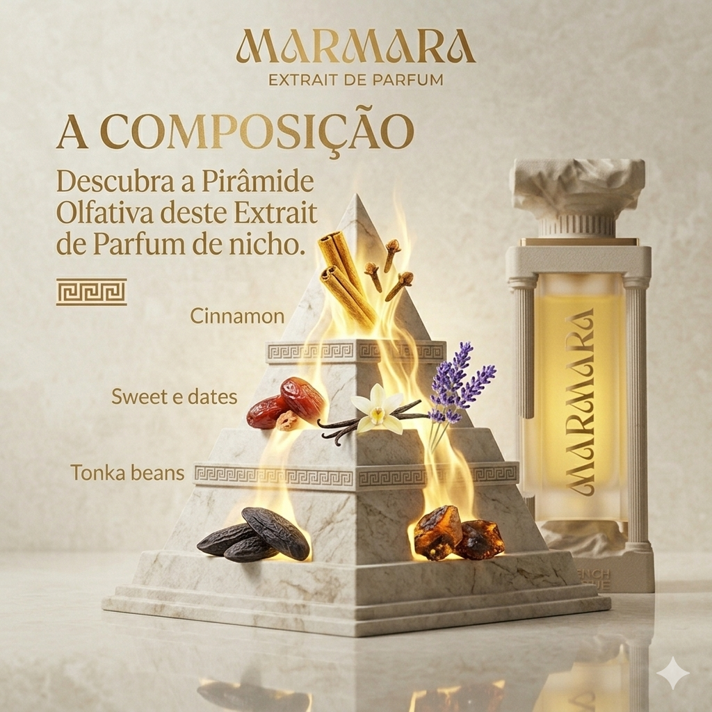 Frasco de perfume Marmara Luxos do Oriente, Extrait de Parfum French Avenue, com design elegante e detalhes dourados.