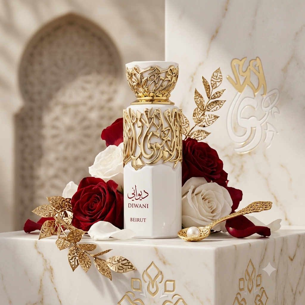 Frasco de perfume Diwani Beirut Eau de Parfum da Luxos do Oriente, embalagem elegante com detalhes dourados e frasco transparente.