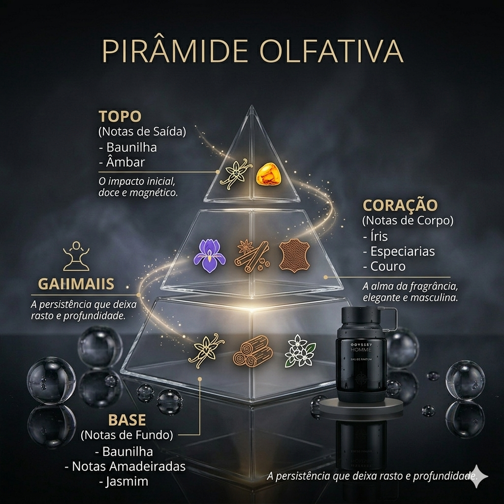Odyssey Homme Eau de Parfum de Armaf, frasco elegante de perfume masculino com detalhes sofisticados, mostrando o aroma oriental.