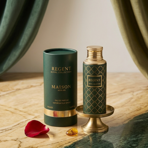 Frasco de perfume Eau de Parfum Regent Royal Collection, Maison Asrar, com design elegante e detalhes dourados.
