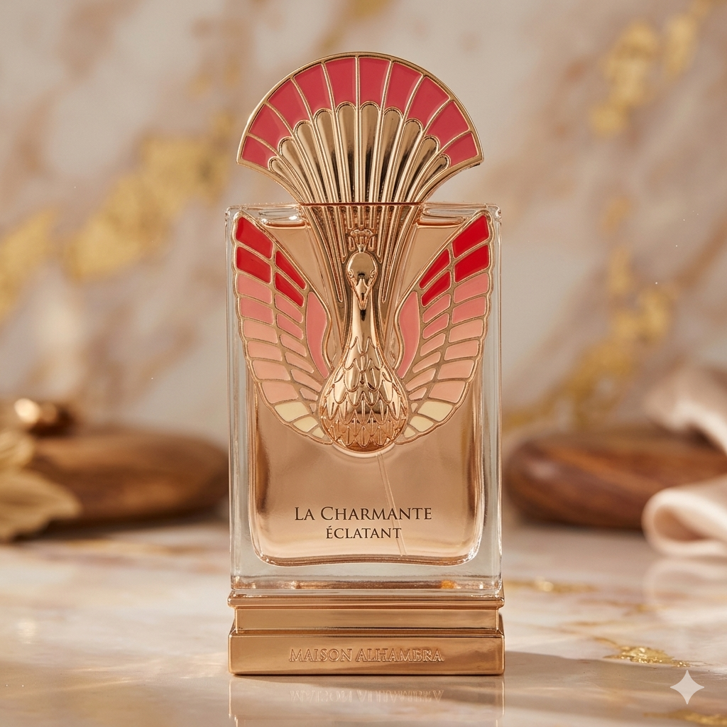 Frasco de perfume La Charmante Éclatant da Maison Alhambra, com design elegante e detalhes dourados, para mulheres sofisticadas.