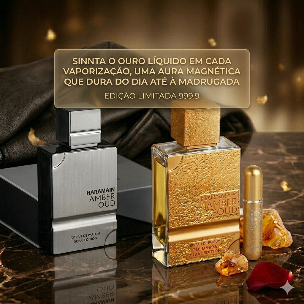 Frasco de perfume Al Haramain Amber Oud Gold 999.9 Dubai Edition, exrait de parfum com detalhes dourados e rótulo elegante.