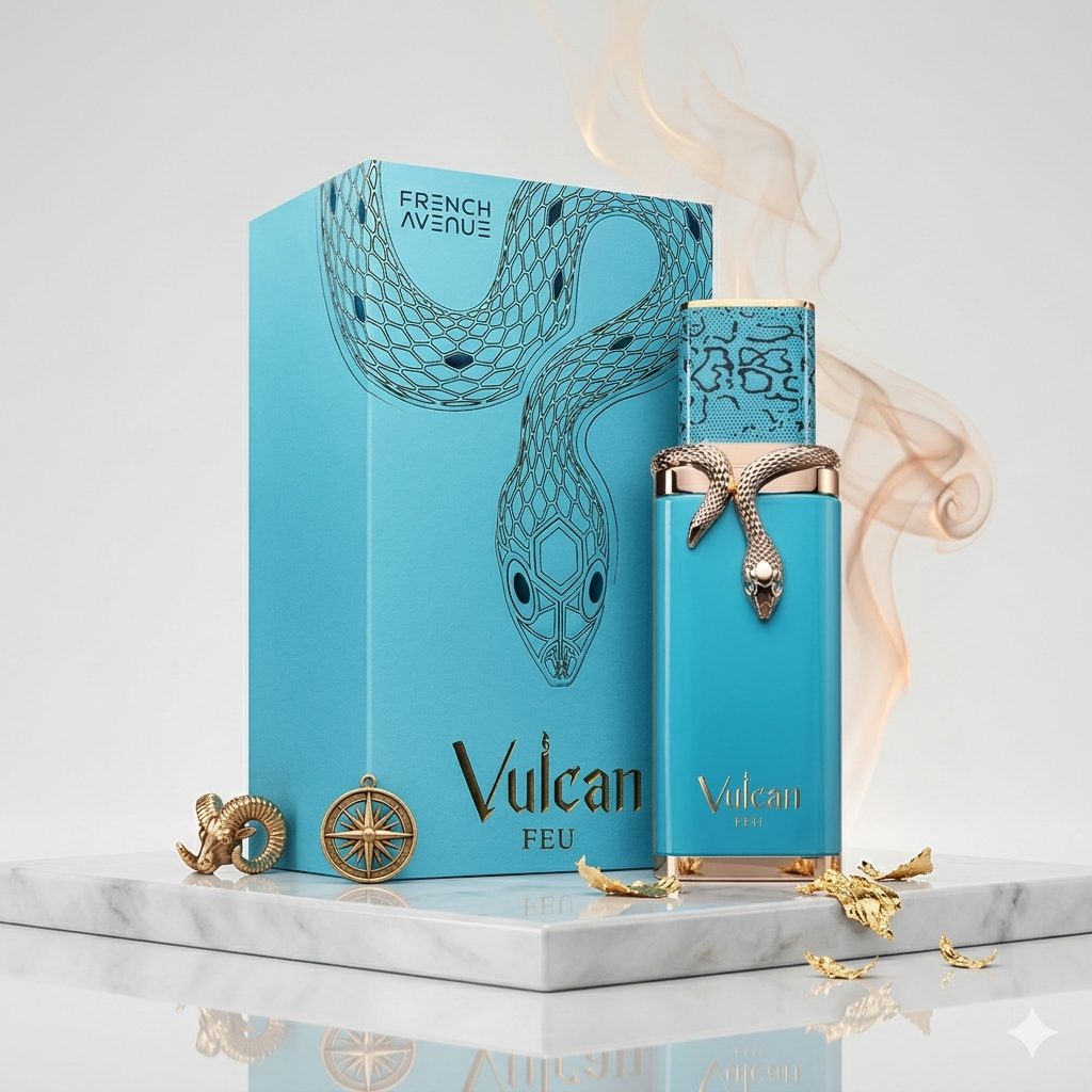 Vulcan Feu – French Avenue Original de Oud de Ouro, frasco elegante com fragrância sofisticada, detalhes dourados no rótulo.