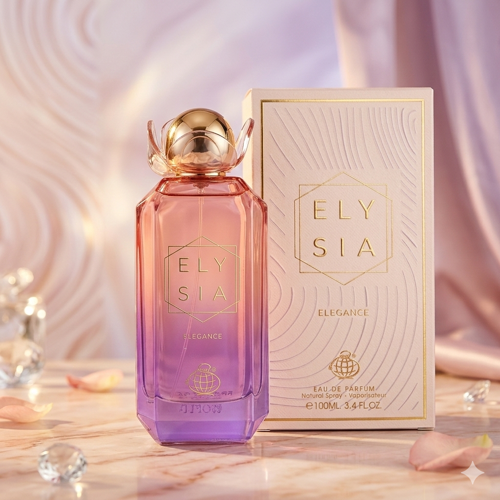Elysia Elegance Eau de Parfum by Luxos do Oriente in a stylish bottle with floral design and elegant packaging.