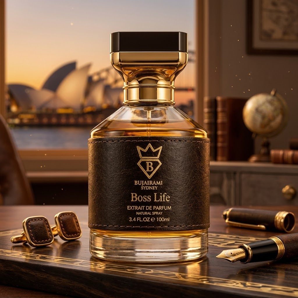 Extrato de perfume Boss Life Bujairami da Luxos do Oriente, frasco elegante com detalhes dourados e tampa preta.