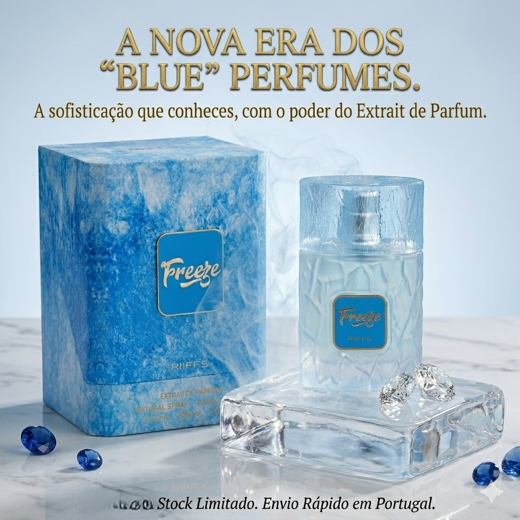 Frasco de perfume Freeze Extrait de Parfum Luxos do Oriente, embalagem elegante com detalhes dourados e rótulo branco.