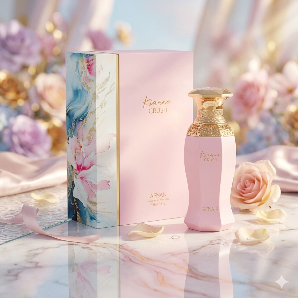 Perfume Kiaana Crush Eau de Parfum Afnan Original com frasco elegante e detalhes dourados, ideal para ocasiões especiais.