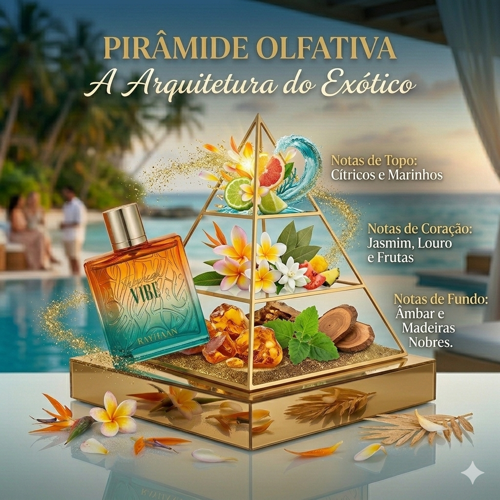 Frasco de Eau de Parfum Rayhaan Tropical Vibe da Luxos do Oriente, com design elegante e rótulo visível junto à embalagem.