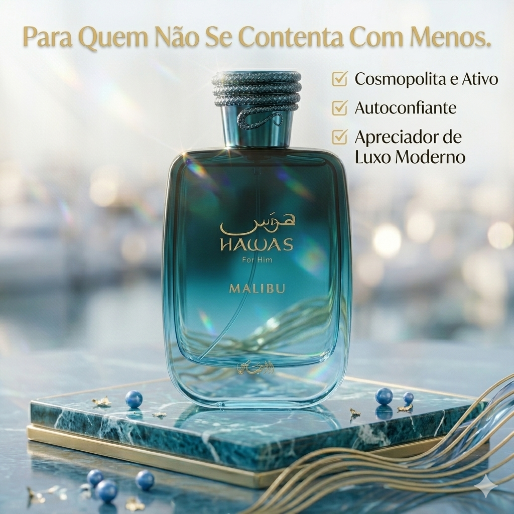Perfume Hawas Malibu da Rasasi, frasco de Eau de Parfum com design elegante, ideal para ocasiões especiais.