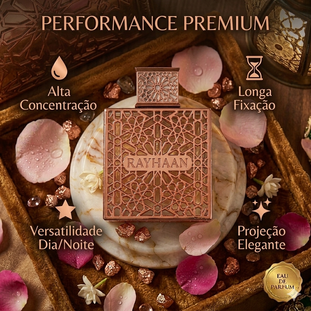 Frasco de perfume Rayhaan Divine Original, Eau de Parfum Luxos do Oriente com embalagem elegante e design sofisticado.