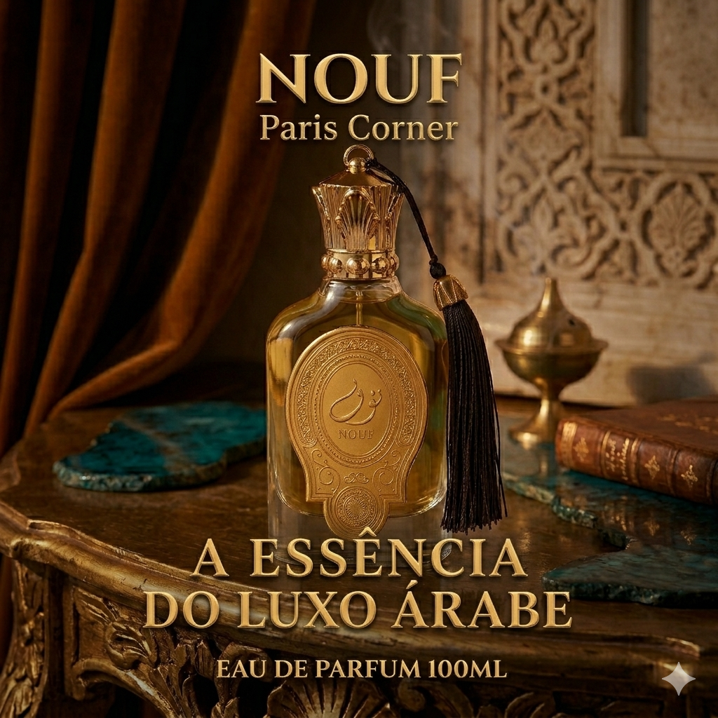 Perfume Nouf Eau de Parfum da Luxos do Oriente, frasco elegante com detalhes dourados, inspirado na Paris Corner Original.