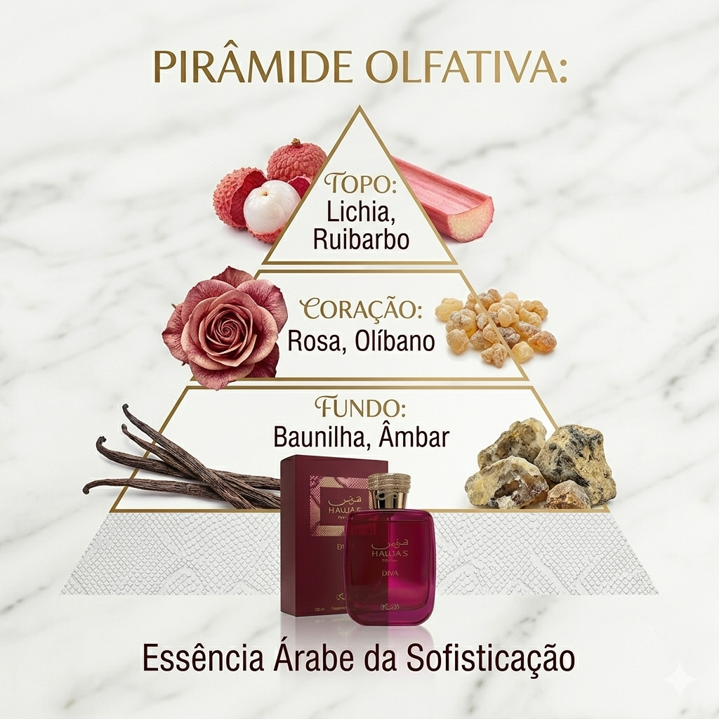 Frasco de perfume Hawas Diva Eau de Parfum da Rasasi, com design elegante e detalhes dourados, aromático e sofisticado.