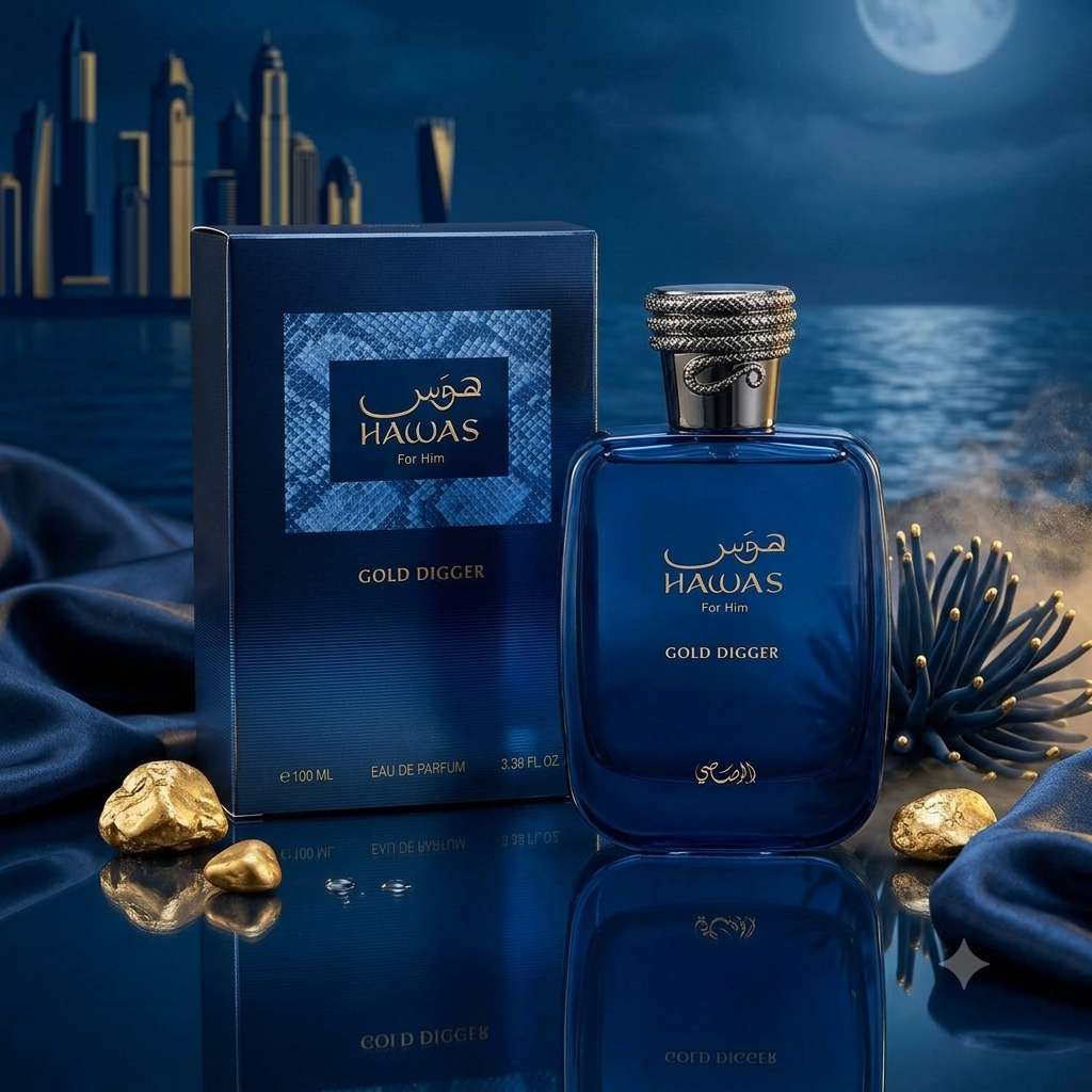 Frasco de Eau de Parfum Hawas Gold Digger da Rasasi com design dourado e detalhes elegantes, perfume oriental luxuoso.