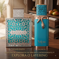Conjunto de incensos Rayhaan Aquática e Vulcan Feu da Luxos do Oriente, com embalagens coloridas e design elegante.