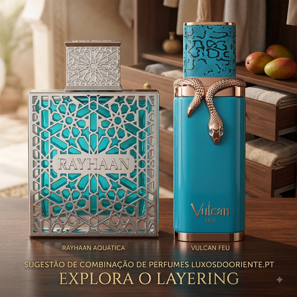 Conjunto de incensos Rayhaan Aquática e Vulcan Feu da Luxos do Oriente, com embalagens coloridas e design elegante.