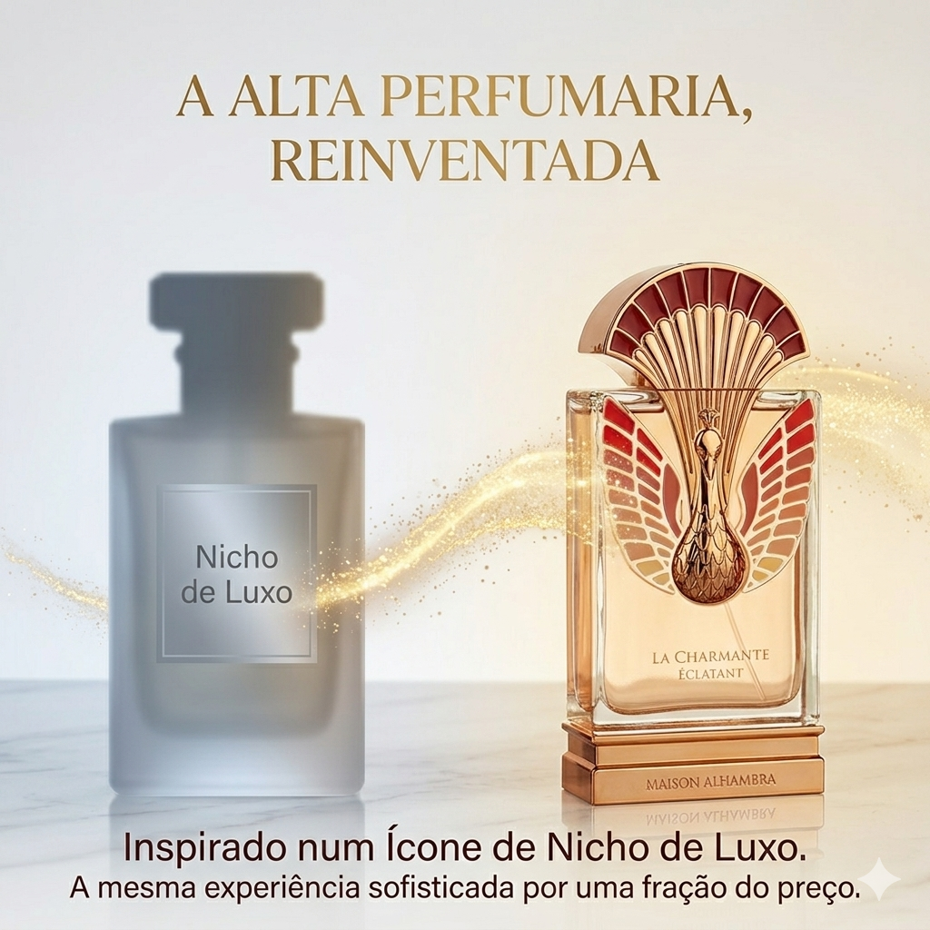 Frasco de perfume La Charmante Éclatant da Maison Alhambra, com design elegante e detalhes sofisticados, da marca Luxos do Oriente.