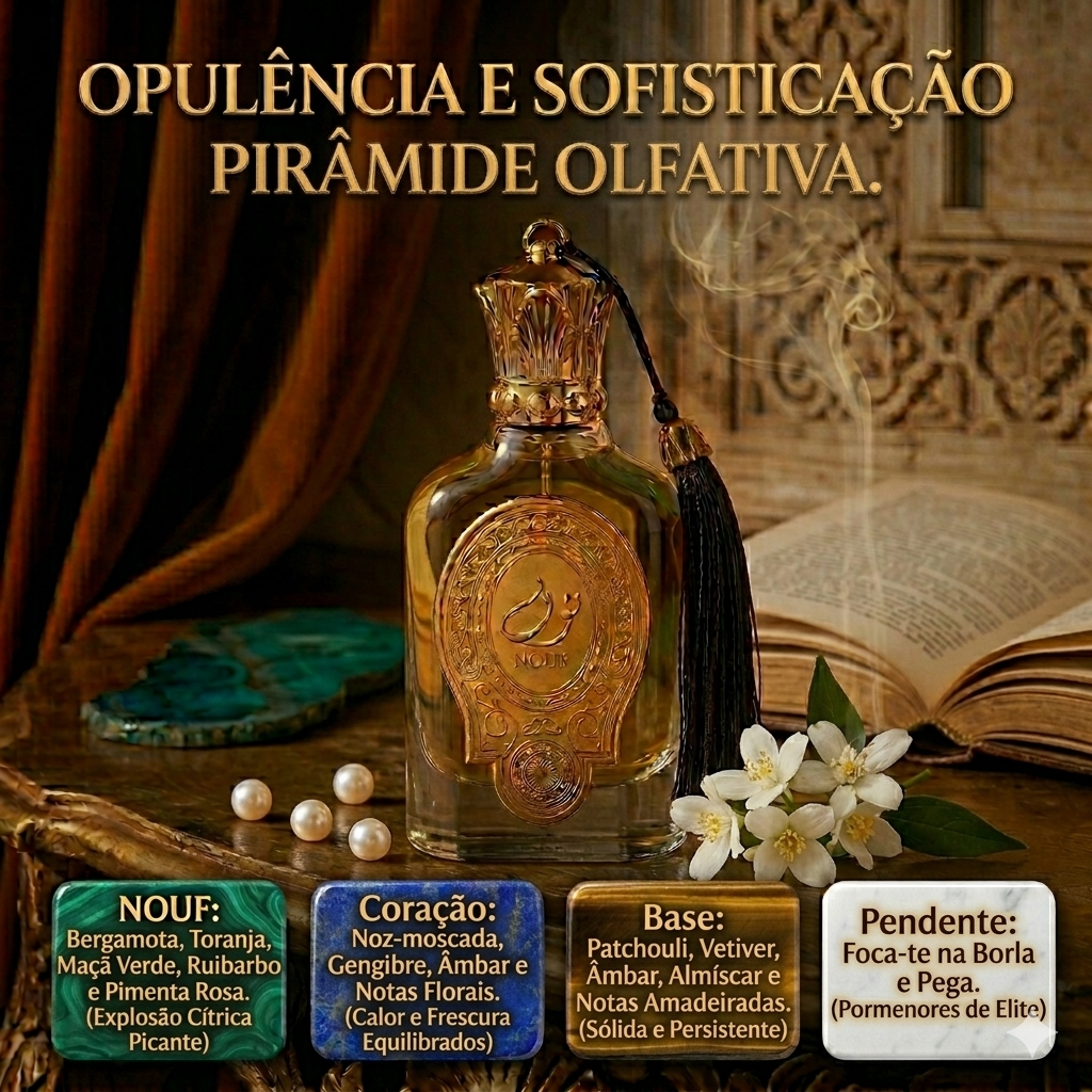 Frasco de perfume Nouf Eau de Parfum da Luxos do Oriente, com design elegante e detalhes dourados, sobre fundo neutro.