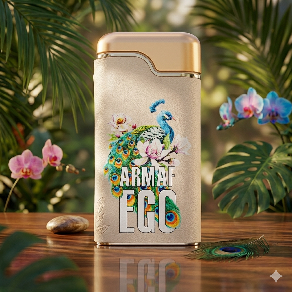 Frasco de Eau de Parfum Ego Exotic da Armaf, com design elegante e detalhes dourados, ideal para ocasiões especiais.