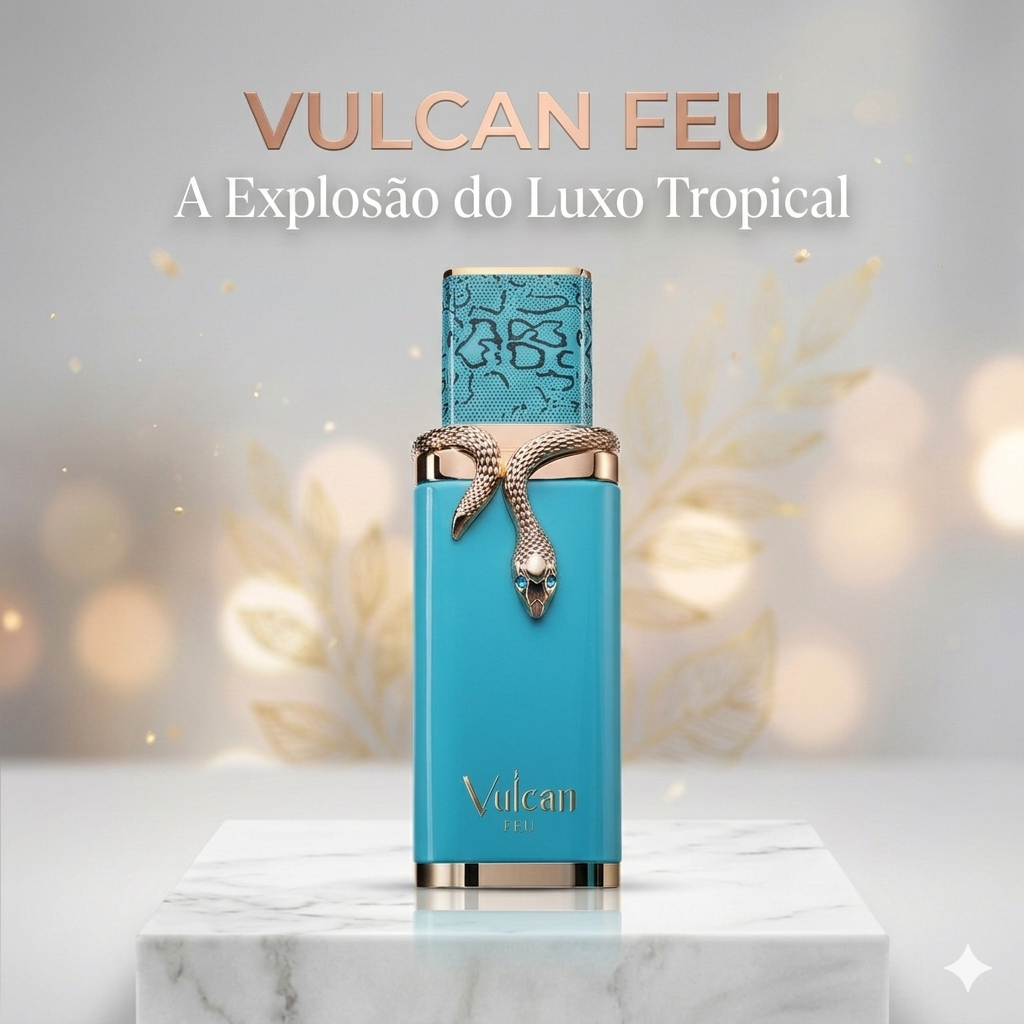 Vulcan Feu Oud de Ouro, perfume francês Aveiro Original, embalagem com frasco elegante e detalhes dourados.