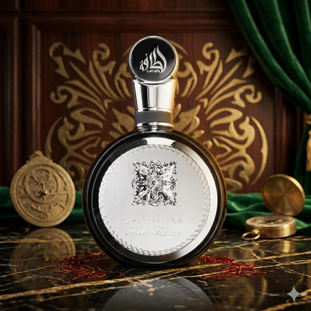 Perfume Fakhar Black Eau de Parfum da Lattafa, embalagem original, frasco elegante com detalhes pretos e dourados.