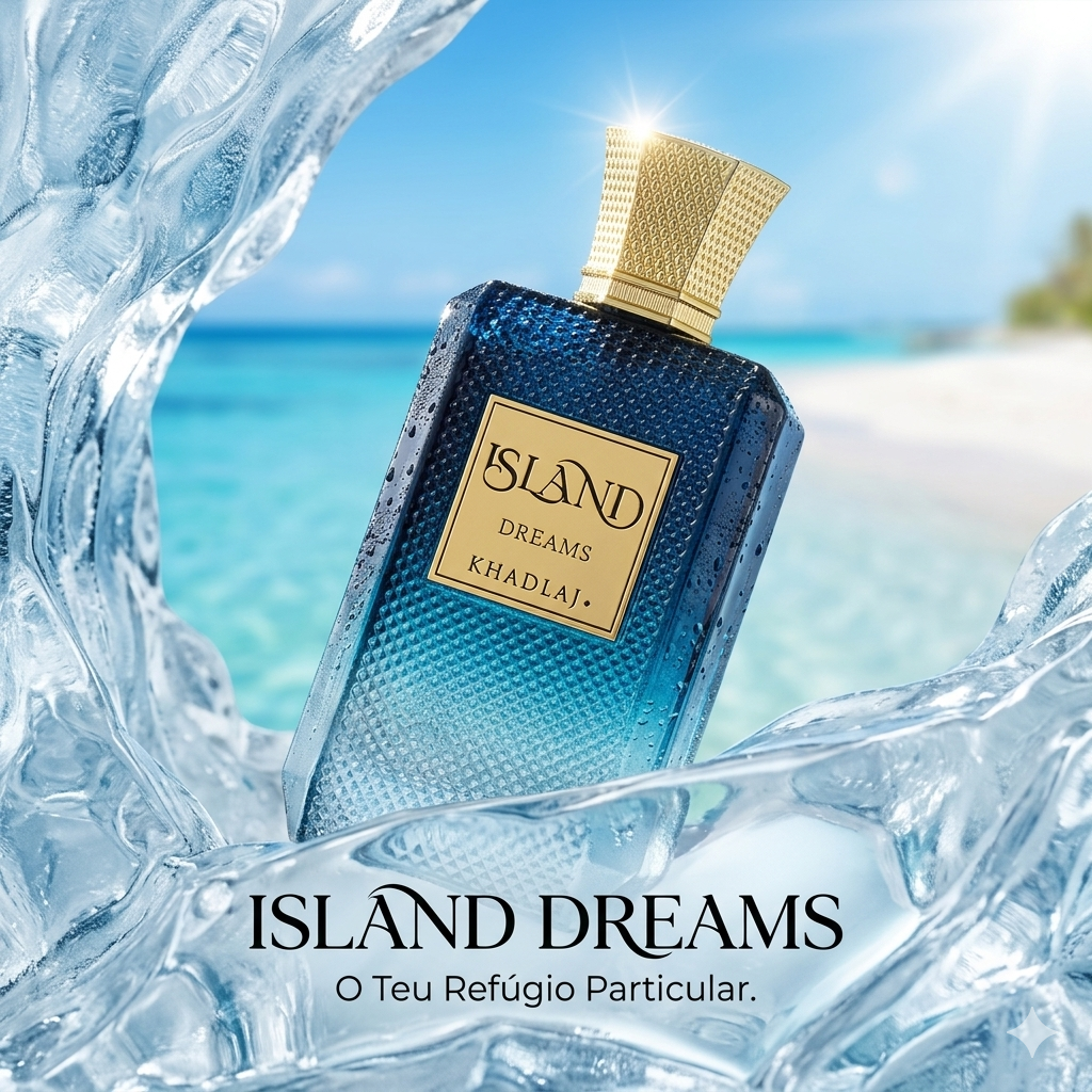 Frasco de perfume Island Dreams Khadlaj Original da Luxos do Oriente, com design elegante e rótulo detalhado.
