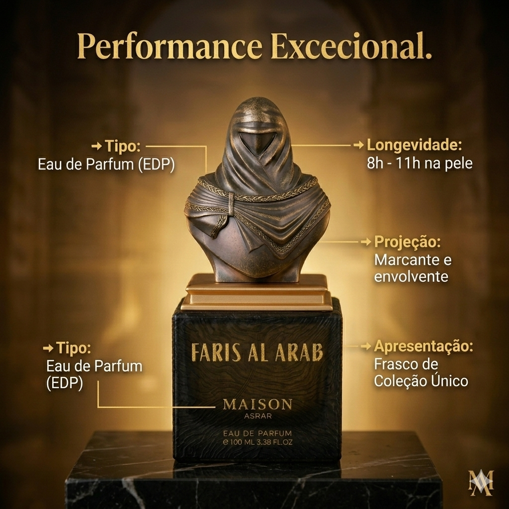 Faris Al Arab Eau de Parfum by Maison Asrar, elegantly designed bottle with intricate detailing and rich amber liquid.