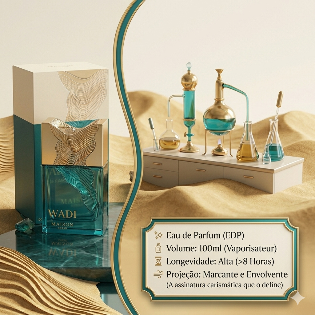 Frasco de Eau de Parfum Wadi da Maison Asrar, com design elegante e detalhes dourados, para uma fragrância luxuosa e oriental.