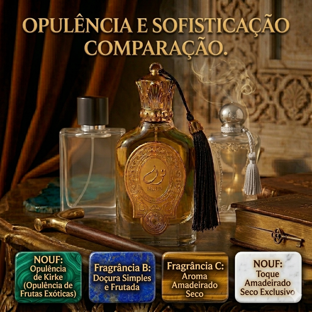Frasco de perfume Nouf Eau de Parfum da Luxos do Oriente, embalagem elegante e detalhes do produto Paris Corner Original