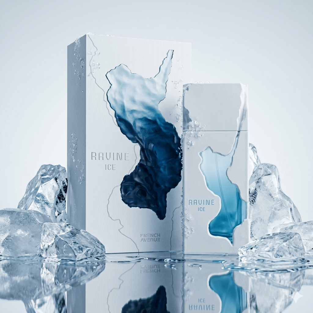 Frasco de perfume Ravine Ice da Luxos do Oriente, Extrait de Parfum French Avenue Original, com design elegante e transparente