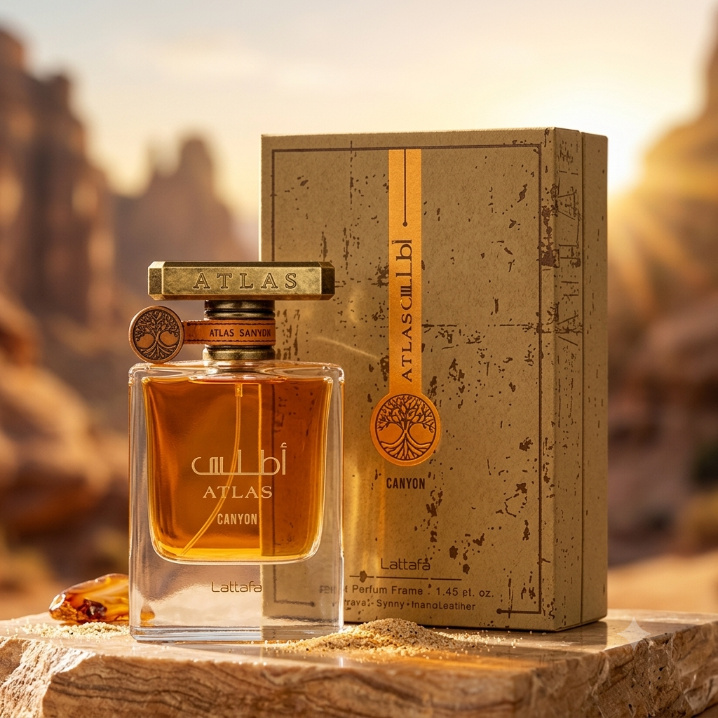 Perfume Atlas Canyon Eau de Parfum da Lattafa, frasco elegante com detalhes dourados e fragrância aromática, visual sofisticado.
