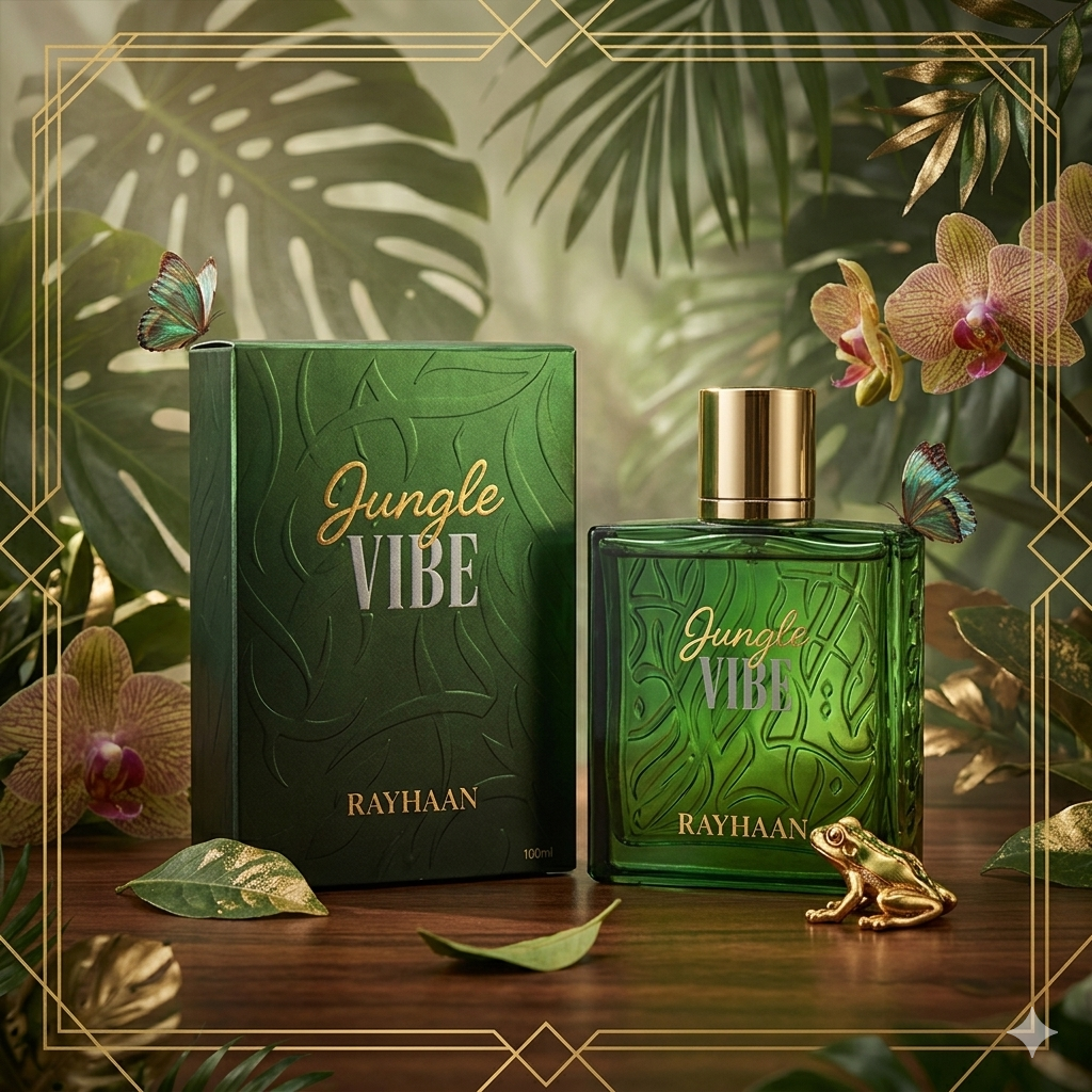 Frasco de Eau de Parfum Rayhaan Jungle Vibe da Luxos do Oriente, com design tropical e rótulo elegante.