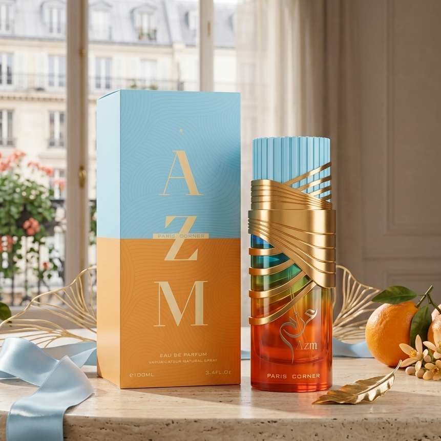 Frasco de Eau de Parfum Luxos do Oriente AZM Paris Corner Original com design elegante e detalhes sofisticados.